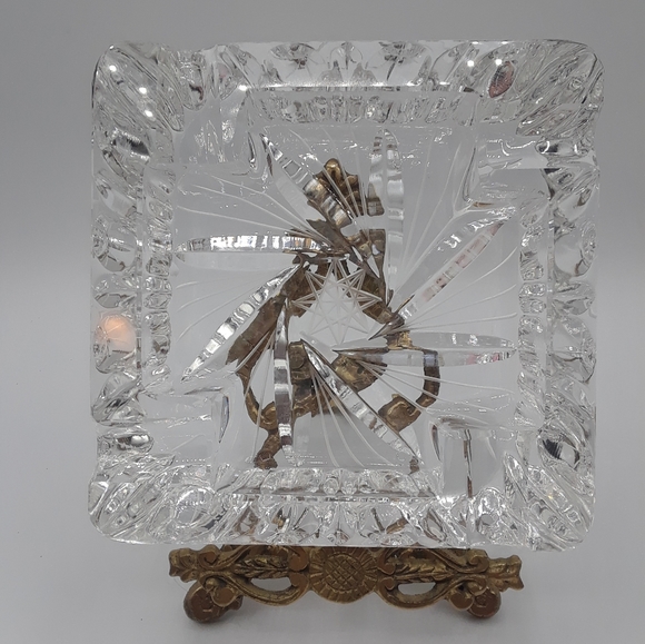 Lead Crystal 1960's Ashtray By Irena Poland 5 inches square Beautiful Cut Design - Picture 4 of 5